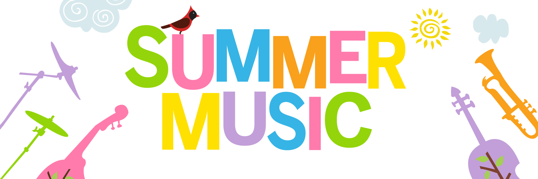 Summer Music title art with colorful lettering, and illustrated cardinal, clouds, sun, and assorted instruments.